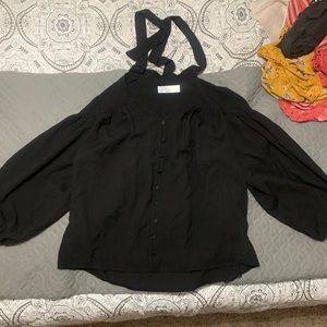 Tie neck black blouse